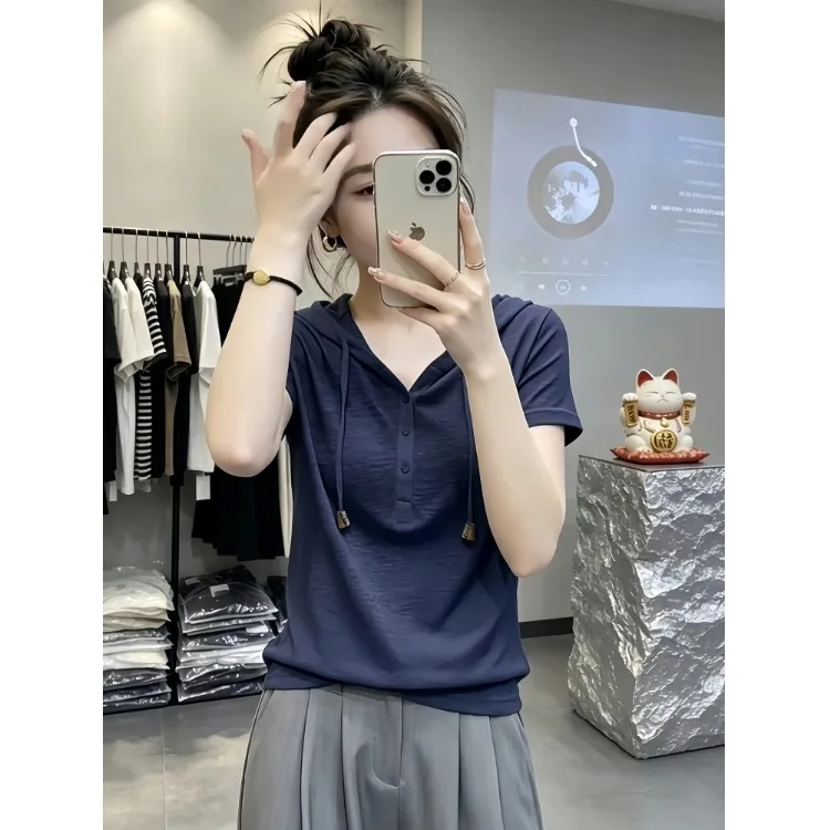 

Unique Beautiful Hooded Short Sleeve T-Shirt Women's Summer New Design Slimming Popular Hoodie Versatile Top Fashionable Lace...