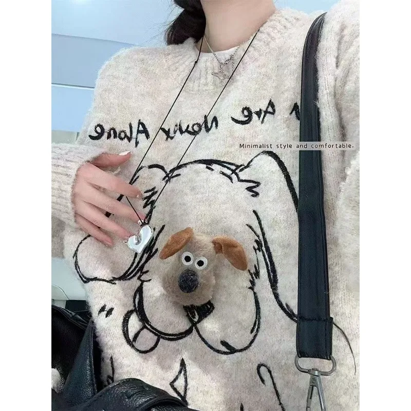 Suéter holgado Retro con cuello redondo para mujer, suéter tridimensional para cachorros, Top reductor de edad informal para otoño e invierno