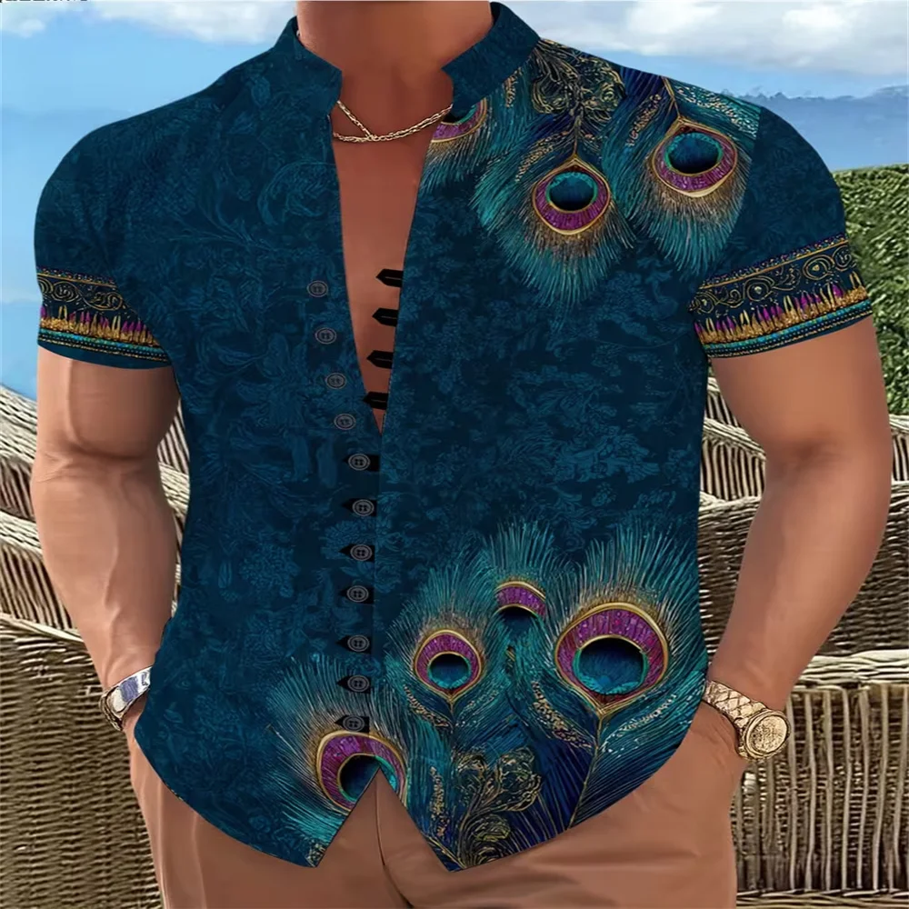 New Men's Eleven-Button Stand Collar Short-Sleeve Printed Shirt, Retro Linen Summer Shirt, Hawaiian Men's Casual Short-Sleeve Va