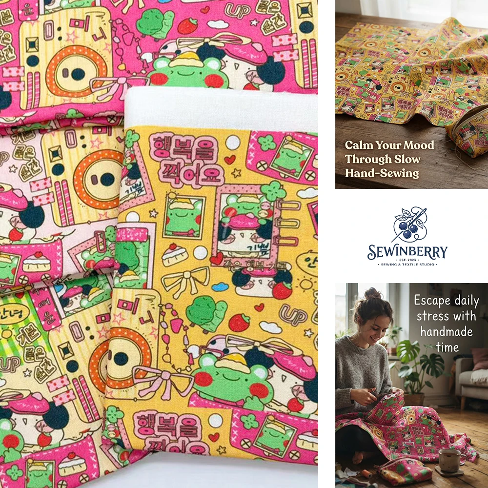 Slow Craft Kawaii Korean Style Green Frog Polaroid Print Cotton Fabric Mindful Hand Sewing Material Garment Making