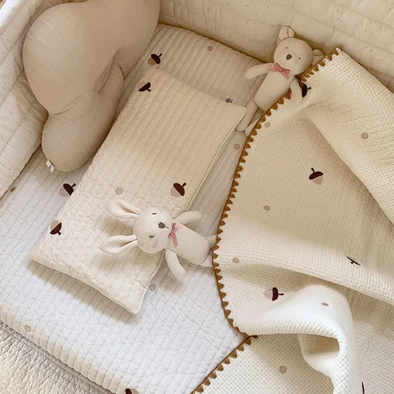 Newborn Pure Cotton Flat Pillow, Quilted with Cartoon Squirrel & Bear Embroidery, Breathable & Soft