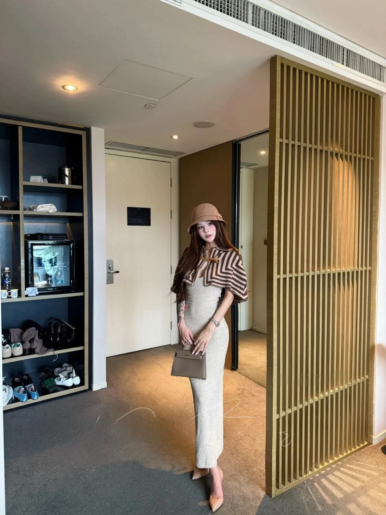 

Ele New Autumn New Sle Slimming Dr Set with Cowl Ne Outerwear ort Sve French Sle Striped Pattern