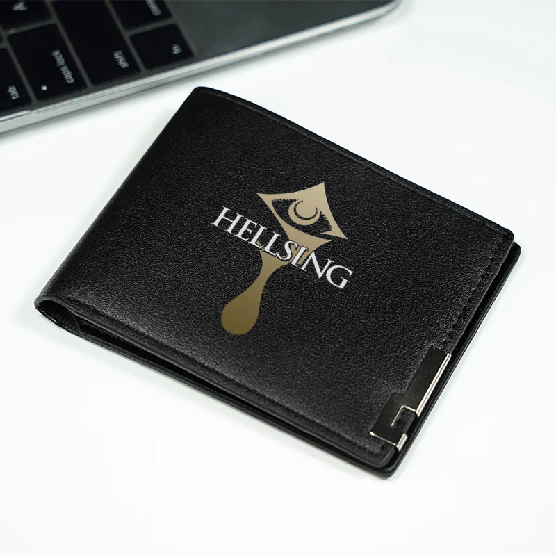Portfel męski HELL'SING z logo, wzór oka, czarna skóra PU, krótki, lekki, wytrzymały, biznesowy, modny dodatek do codziennego użytku.