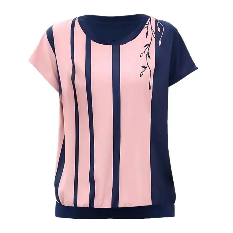 Female Casual Short Sleeve Striped Fashion Chiffon T-shirt Summer Commute All-match Round Neck Pullovers Tops Women's Clothing