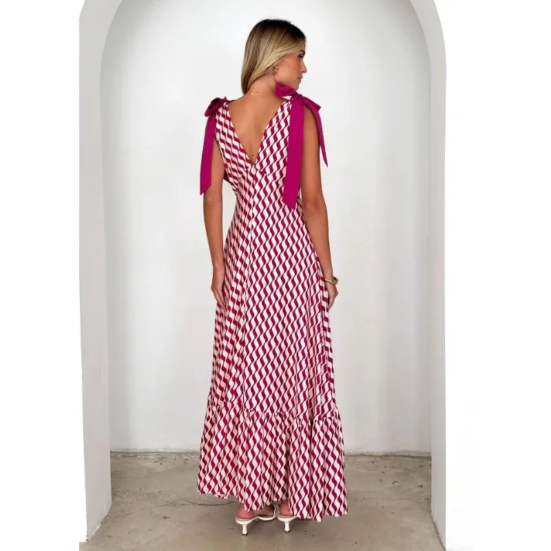 Luźna Sukienka Boho z Falbanami na Wakacje, Długa Sukienka Letnia Elegancka Damska w Stylu Bohemy, Seksowna Sukienka Y2K Chic Bez Rękawów z Dekoltem w Serek i Odkrytymi Plecami z Nadrukiem