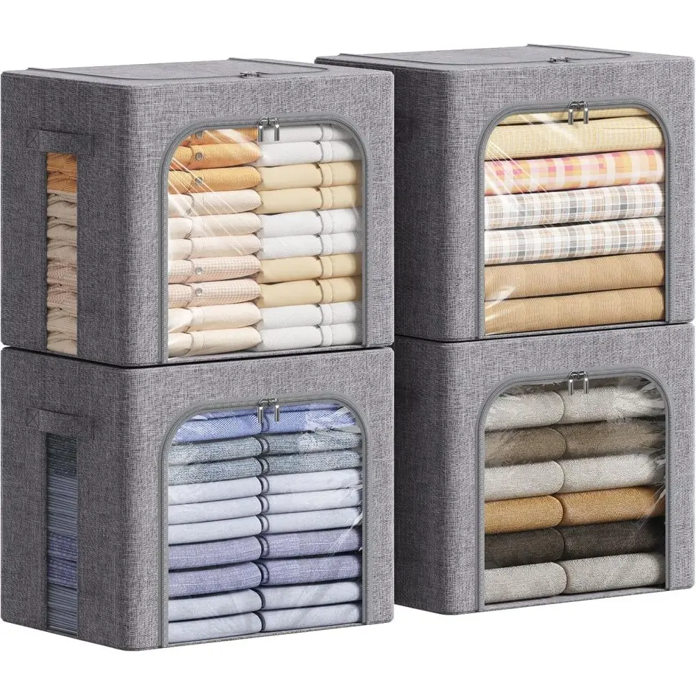

Clothes Storage Bins with Metal Frame, Stackable Storage Box, Foldable Clothing Storage Bins with Lids, 40L Storage Bags Fabric