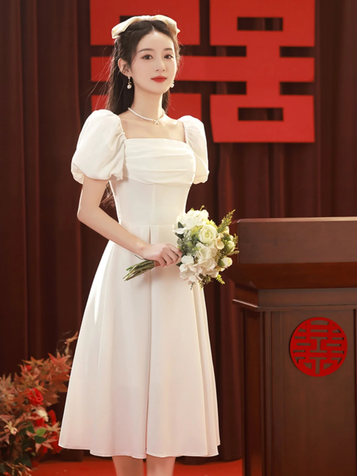 

Белое платье Ele White для регистрации брака и помолвки, можно носить на обычных мероприятиях, из полиэфирного волокна.