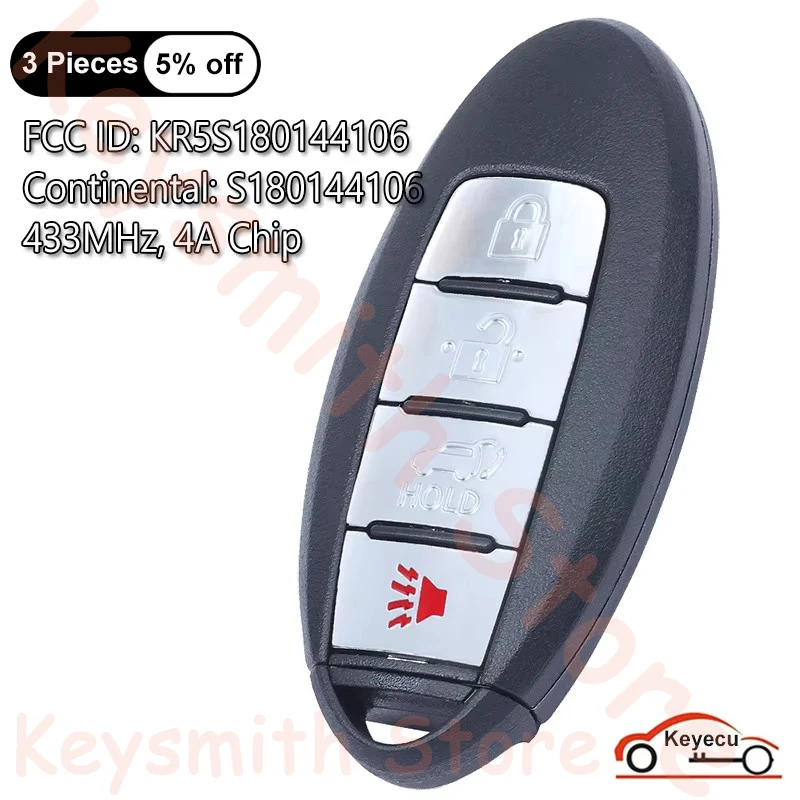 KEYECU 4 Buttons 433MHz 4A Chip for Nissan Rogue X-Trail 2014 2015 2016 Auto Smart Remote Key Fob S180144106 FCC# KR5S180144106