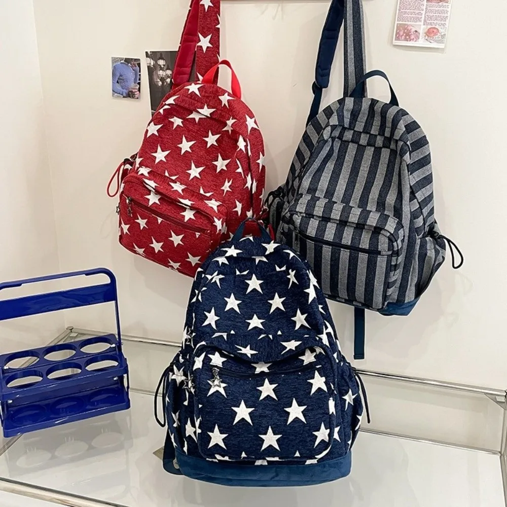 

Korean Style Grey Stripes Backpack Lightweight Adjustable Straps Star Printing Backpack Multi-pocket Commuting