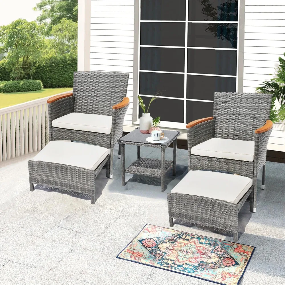 

5 PCS Outdoor Patio Furniture Set with Table&Ottoman Outdoor Furniture Patio Set Bistro Wicker Patio Set (Gray Wicker)