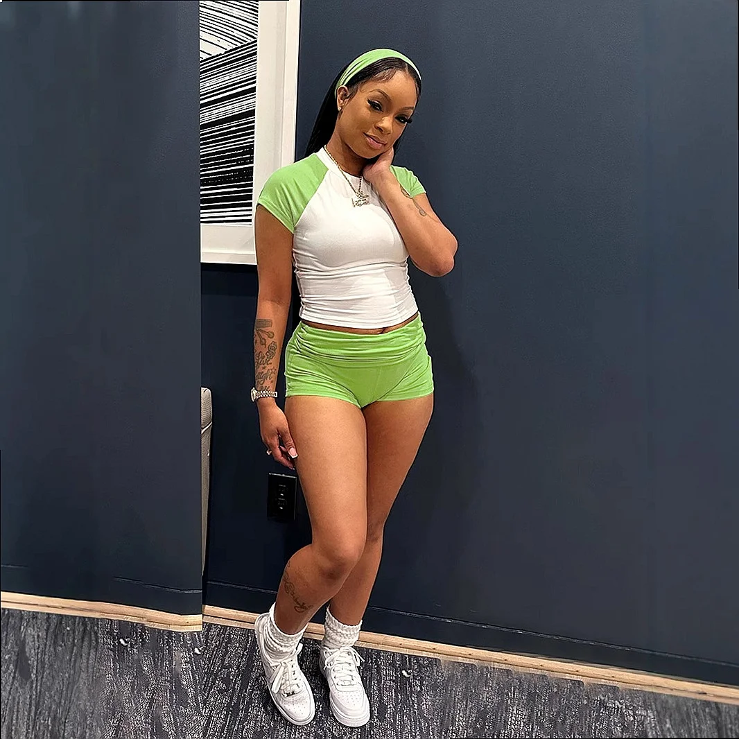 Street Style Contrast Raglan Tee High Waist Shorts Matching Set Tops T Shirts