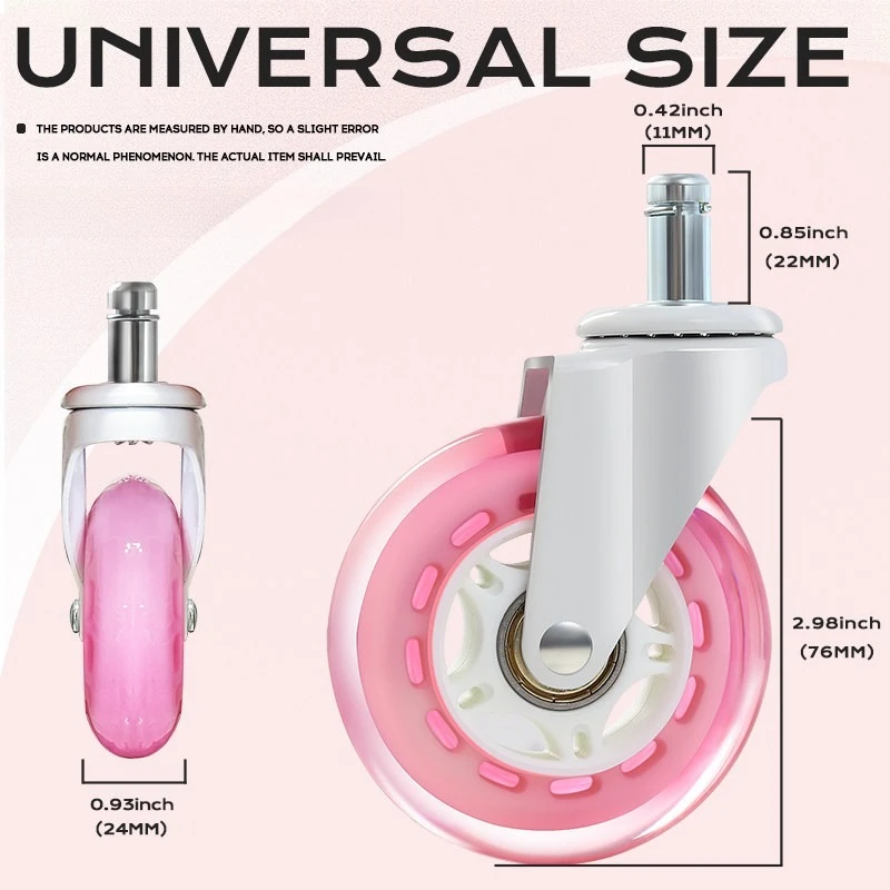 3 Inch Pink PU Swivel Casters- Silent Smooth Durable Office Chair Replacement Wheels for Computer