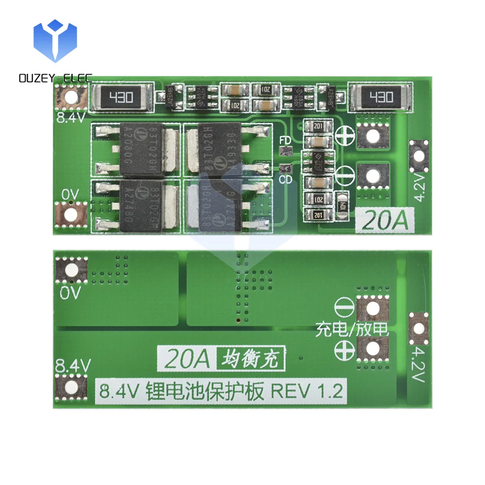 Papan pelindung pengisi daya baterai Li-ion 2S 8.4V 20A, sistem manajemen baterai modul ekualisasi aktif manajemen daya baterai