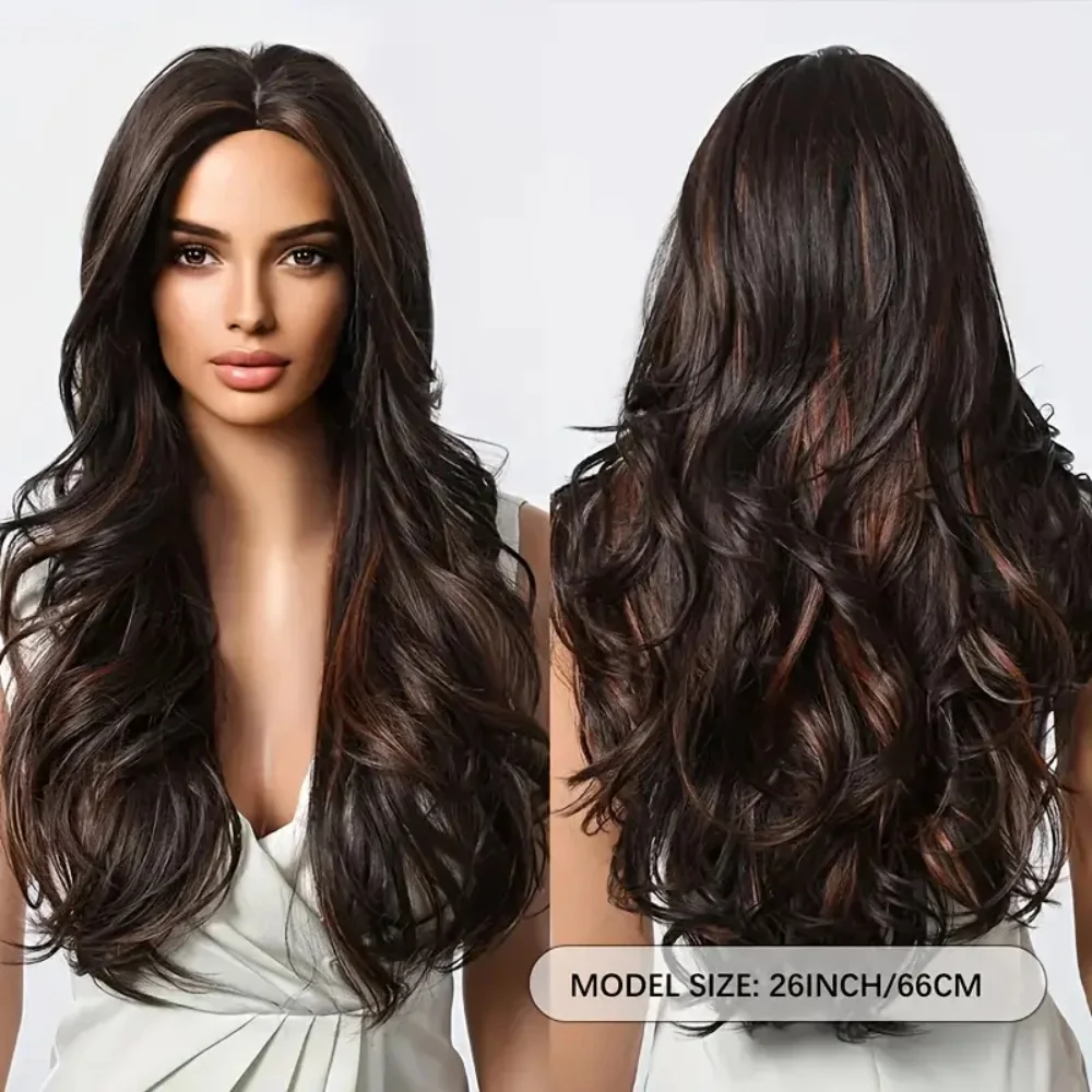 26in Highlightสีน้ําตาลWave Curlyวิกผมสังเคราะห์ทนความร้อนผมผู้หญิงธรรมชาติดูสําหรับคอสเพลย์,ทุกวัน,ปาร์ตี้ฮาโลวีน