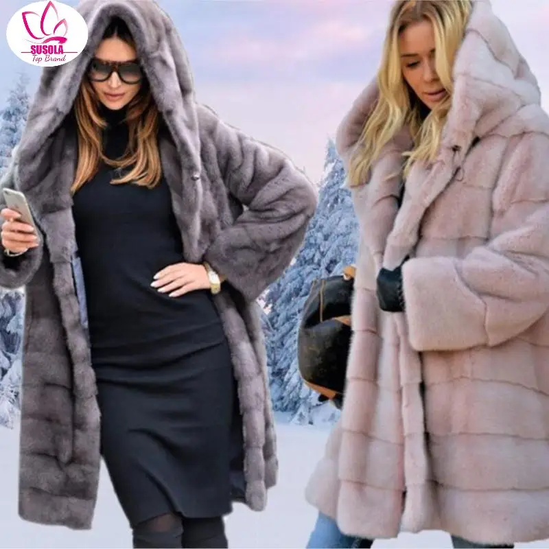 SUSOLA New Woman Fur 90cm Women Clothing Winter Artificial Economy Mink Fur Coat with A Hood Luxury Fake Fur Coats