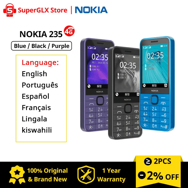 

2024 New and Original Nokia 235 4G Feature Phone Dual SIM 2MP Camera 1450mAh Bettery Bluetooth 5.0 FM Radio Mobile Phone