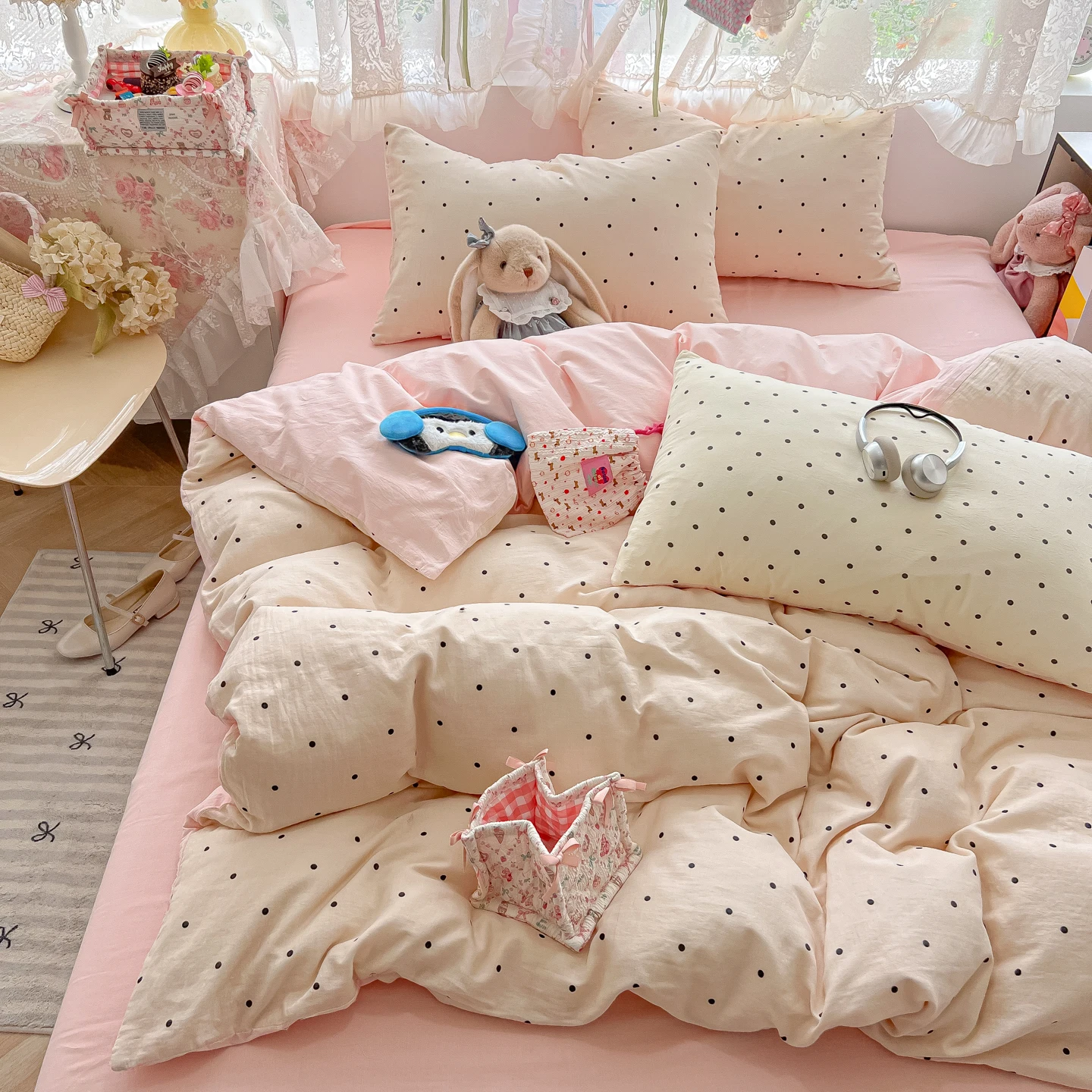 3pcs cute polka dots print Duvet Cover Set (1*Duvet Cover + 2*Pillowcase, Without Core),soft fabricBedding Set