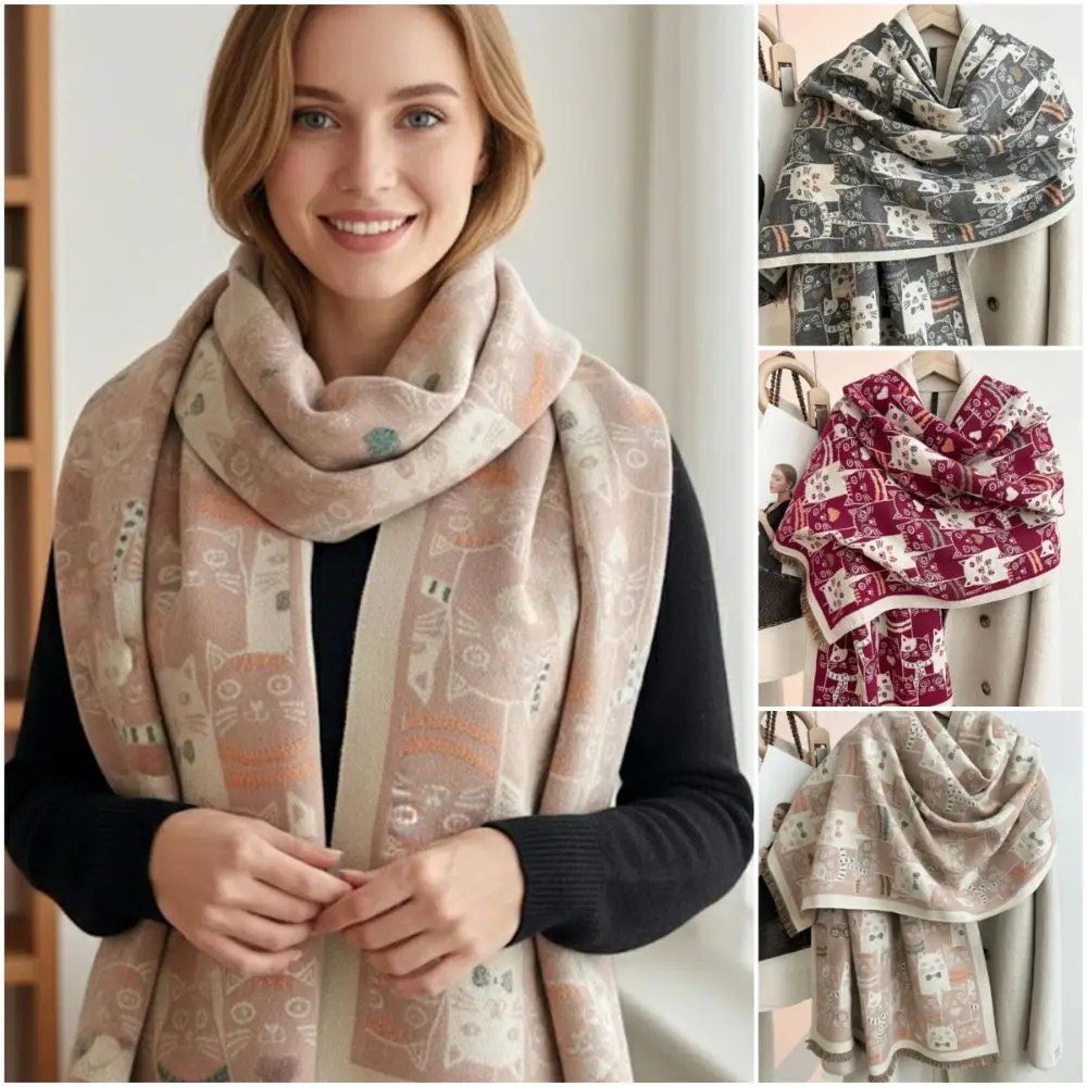 Cartoon Cat Faux Cashmere Scarf Faux Cashmere Thickened Winter Wraps Scarf Tassel Edge Lengthen Lady Fringed Shawl Cold Weather