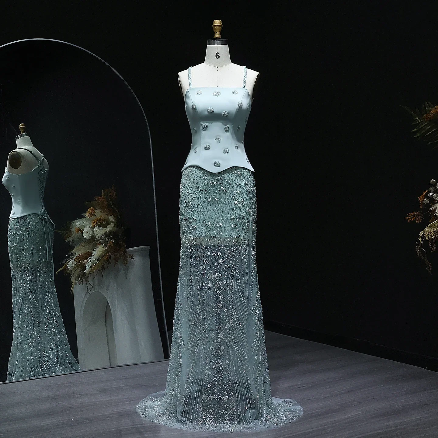 Sharon Said Salbeigrünes schickes zweiteiliges Abendkleid mit Spaghettiträgern Lila Dubai Damen Hochzeitskleid SS130 Maßgeschneidert