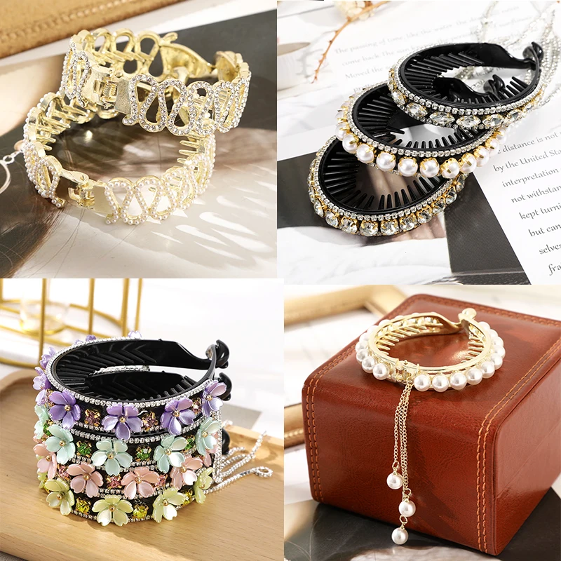 2022 New Women Bun Pearl Rhinestone Hair Claw Clips Horsetail Buckle Ponytail Holder Hair Clip DIY Maker Female Hair Accessories