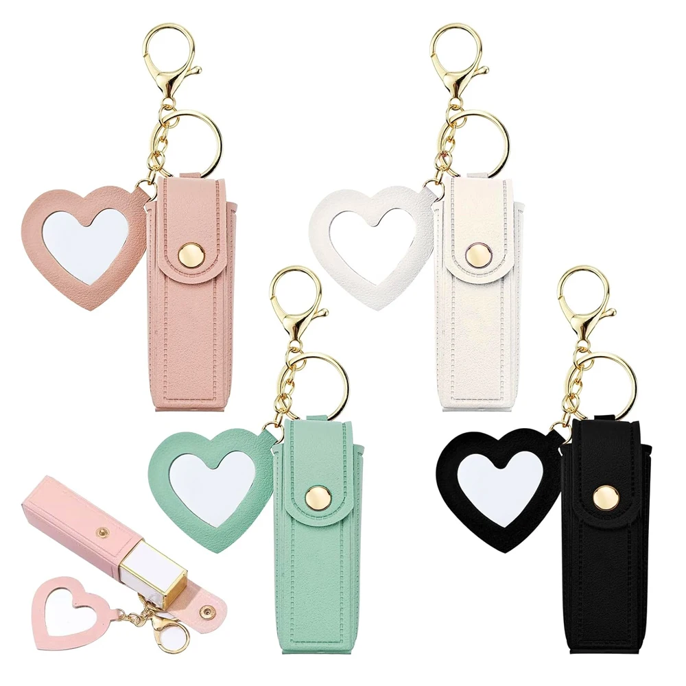 Pu Leather Lipstick Holder Keychain Portable Heart Shaped Mirror Keyring With Mini Pouch Backpack Ornaments Women Girl Gift
