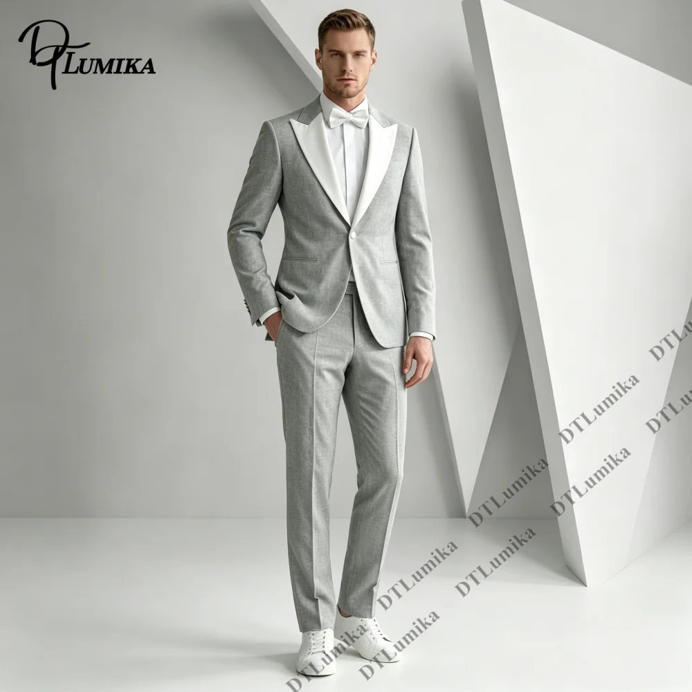 Contrast Shawl Lapel Men 2 Piece Suit Set (Jacket Pants) Summer Beach Wedding Suit Banquet Prom Minimalist Fresh Formal Suit