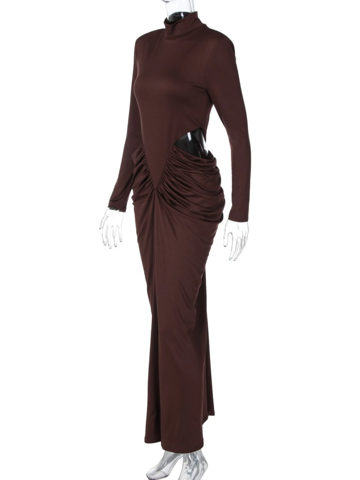 SsTss Abito lungo da donna elegante con ritaglio Abito da festa tubino arricciato con spalle imbottite e collo alto da strada solido sexy