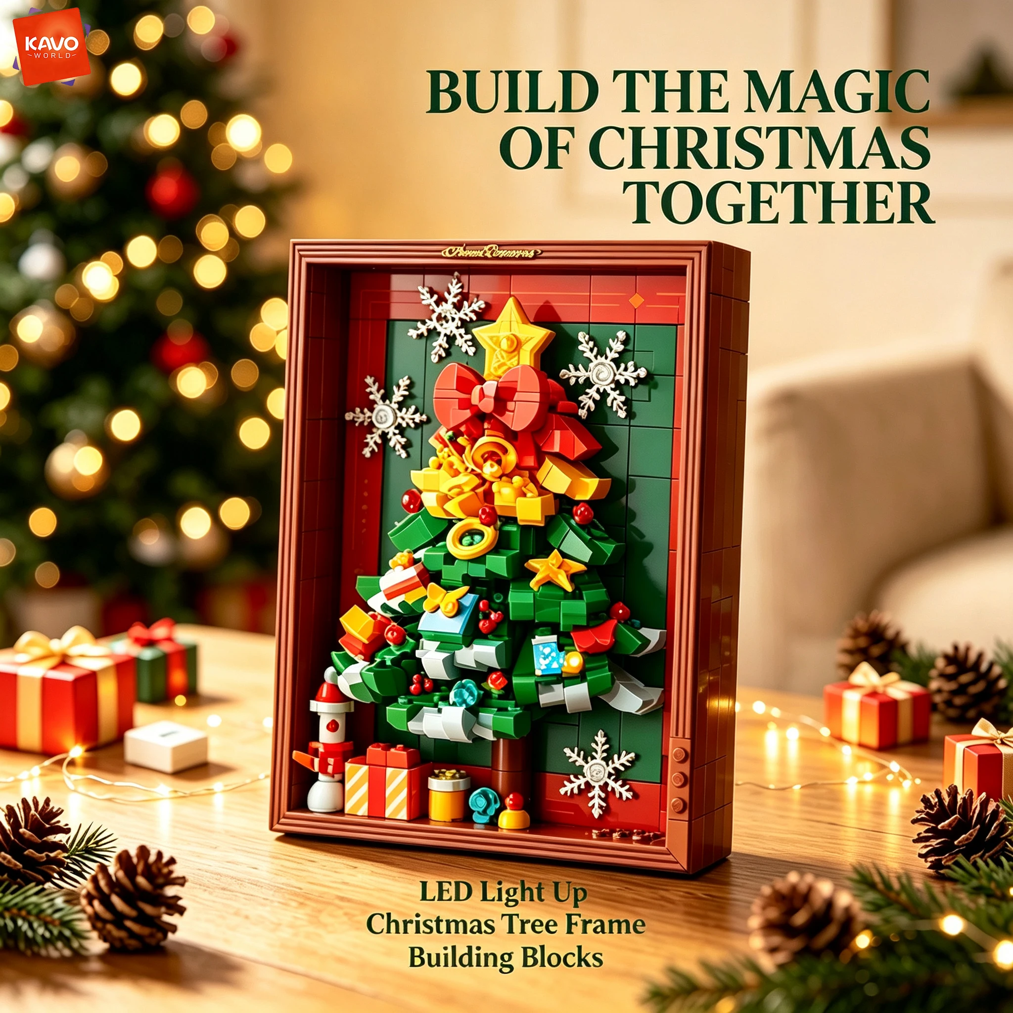 KAVOWORLD 773PCS Xmas Christmas Tree Building Blocks Photo Frame With LED Lights DIY Bricks Holiday Creative Gifts for Teenagers
