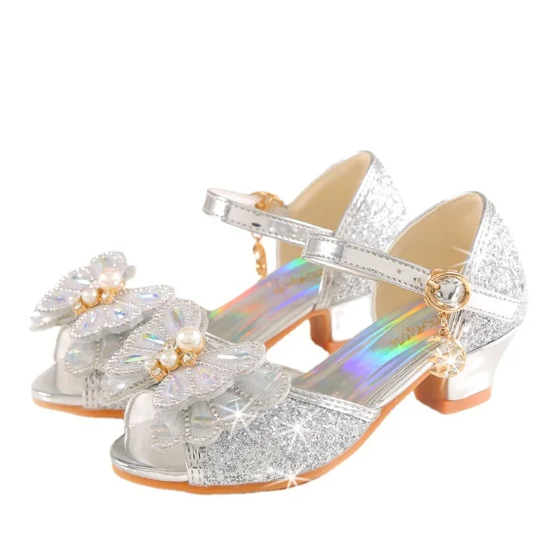 Children\'s Princess Wedding Party Shoes Summer New Girls Crystal Sandals Fashion Pearl Bowknot Baby Kids Performance High Heels