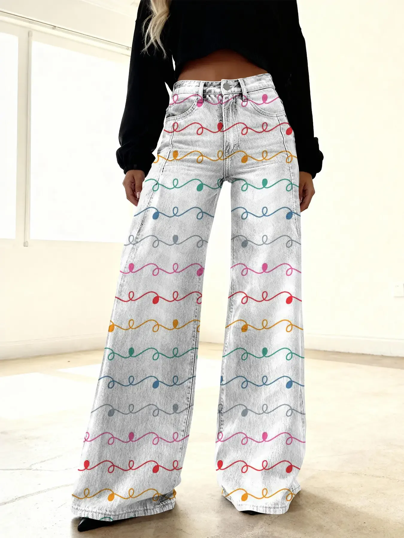Women's imitation denim printed high waisted flared pants, sweet and cute, Loose leg shape makes you look slimmer