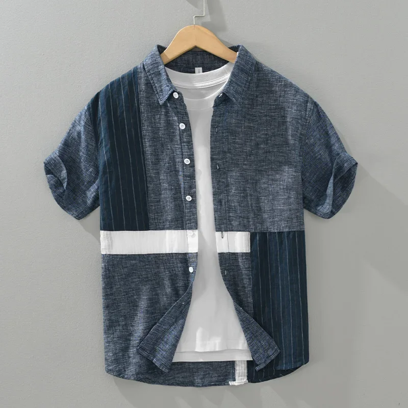 

2024 New 100% Linen Casual Shirts for Men Fashion Striped Patchwork Short Sleeve Shirt Man Loose Large Size Button-up Shirt