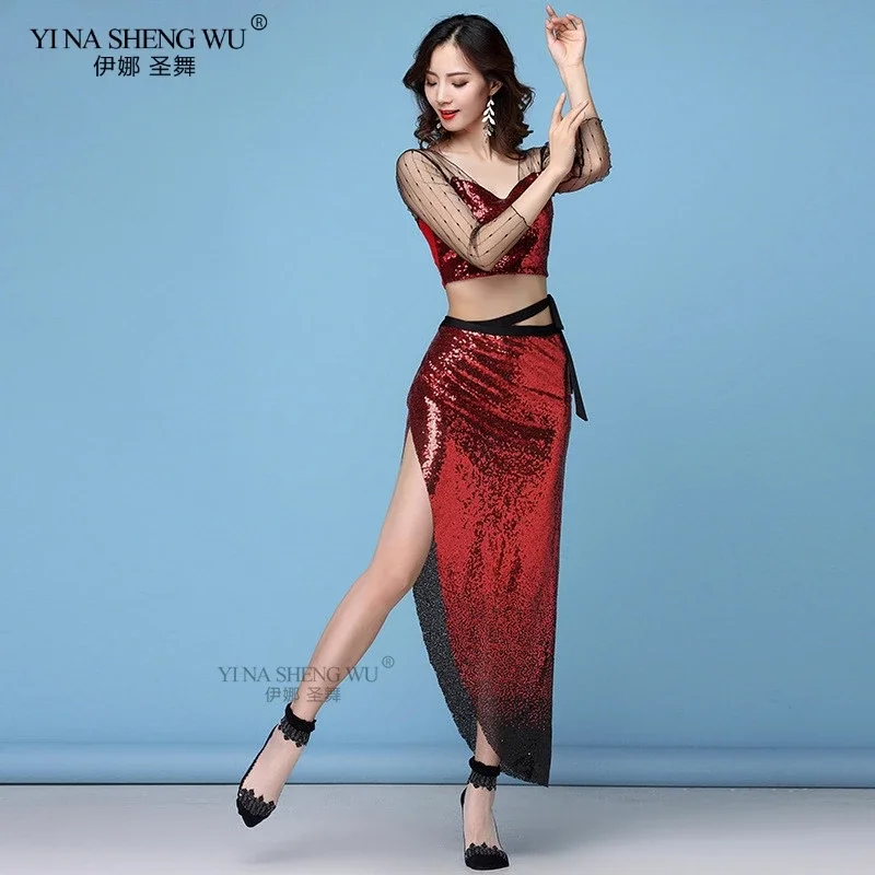 Nouveau ensemble de vêtements d'entraînement de danse automne et hiver nouveau costume de danse du ventre en maille Sexy haut + jupe 2/3 pièces ensemble de danse pour les femmes danse du ventre