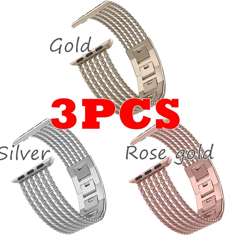 FF-39bd  3pcs Women Stainless Steel Strap for Apple Watch Band 6 5 Metal Chain Bracelet for iWatch SE 4 3 Watchband 38-44mm