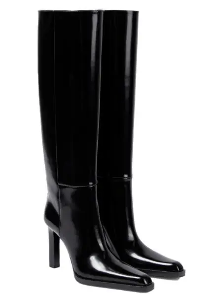 Drop Shipping Women Leisure Black Patent Leather Small Square Toe 9 CM Heels Zipper Back Knee High Long Boots Long Botas Shoes