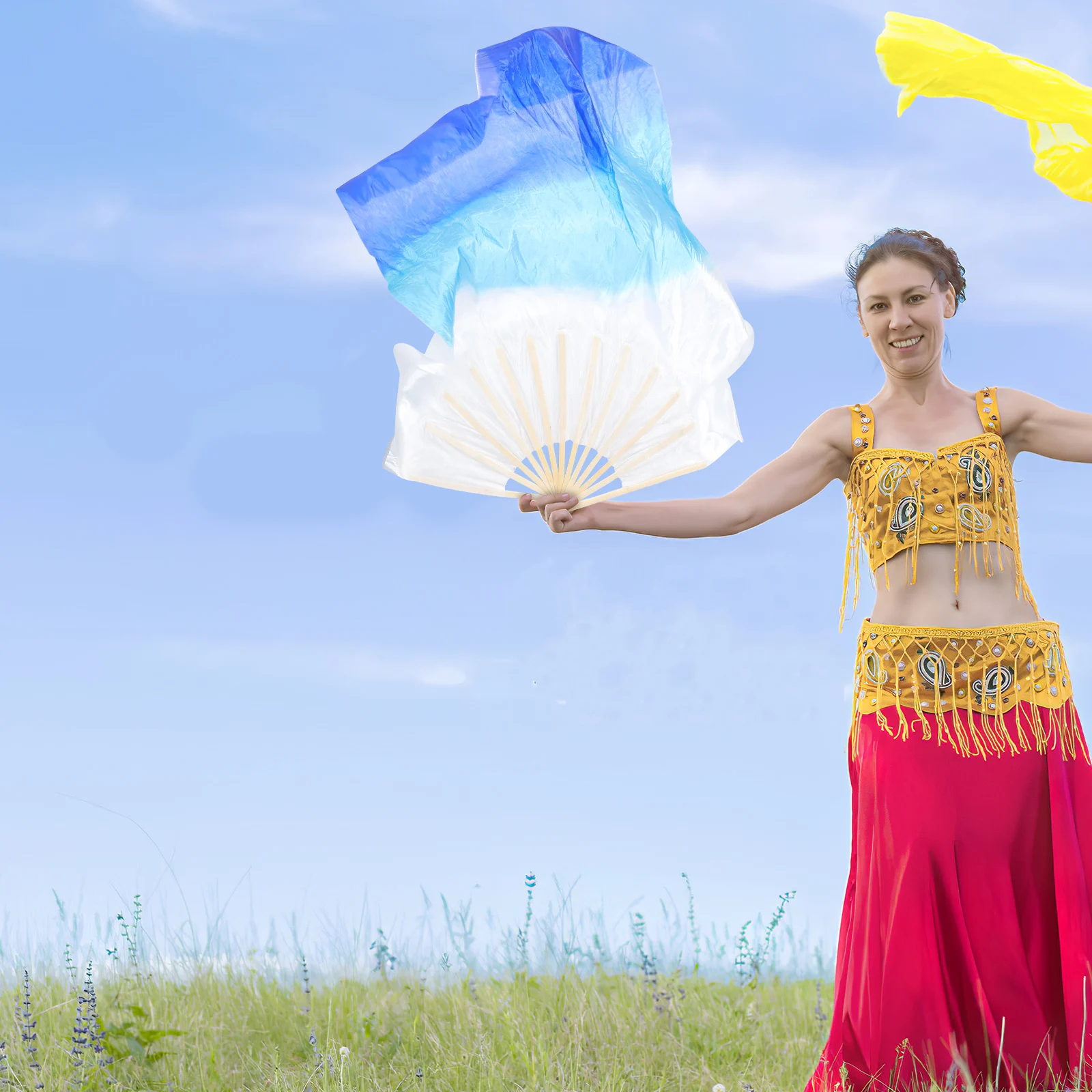 2 uds. Abanicos de danza del vientre de seda degradada de 2m abanicos de mano largos para mujeres accesorios multicolores plegables accesorios Yangko
