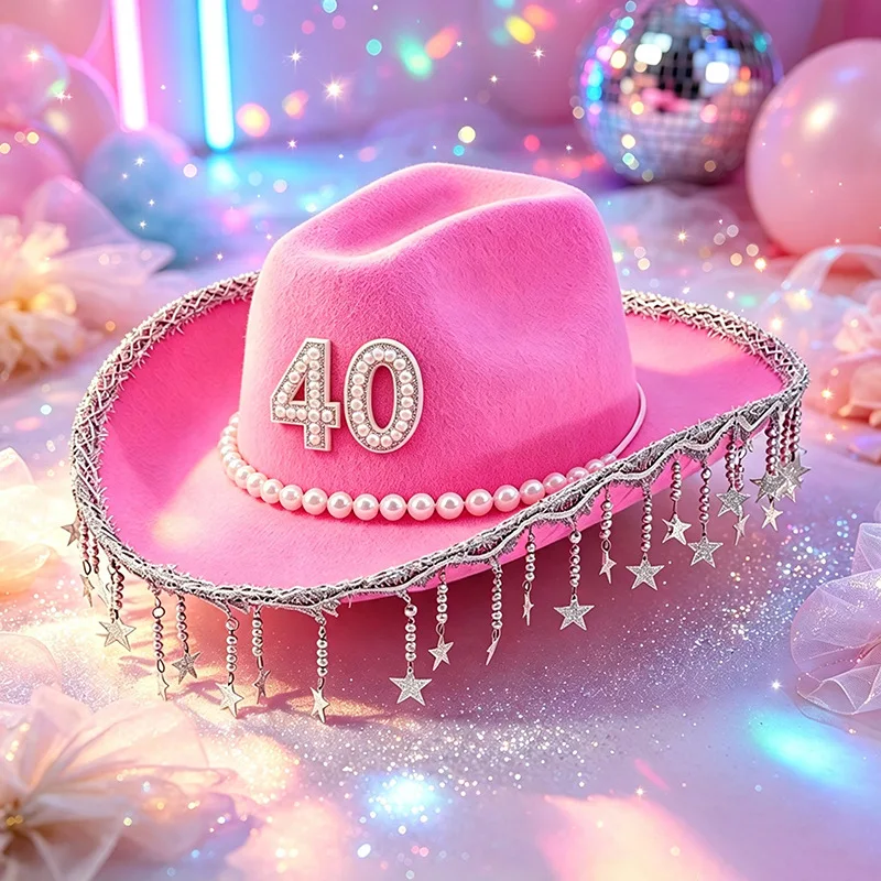 New Pink Cowboy Birthday Hat Pearl 40 Number Decor Star Tassel Fringe Wide Brim Hat for 40th Birthday Party Cosplay Accessory