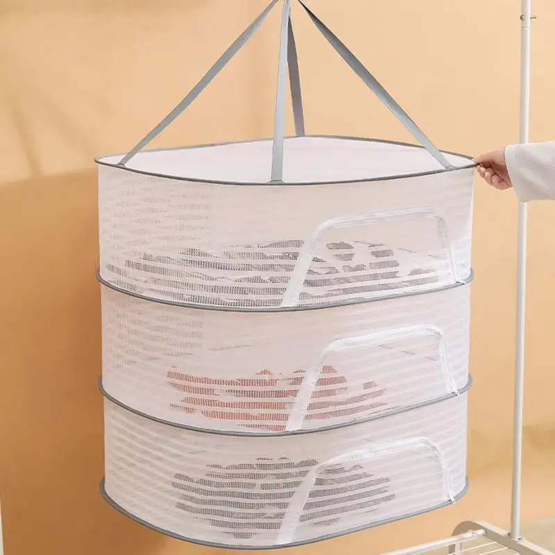 Drying Net 3 Layers Foldable Drying Basket With Zippers Portable Strong Nylon Rope Multi-function Mesh Dryer For Vegetables Fish