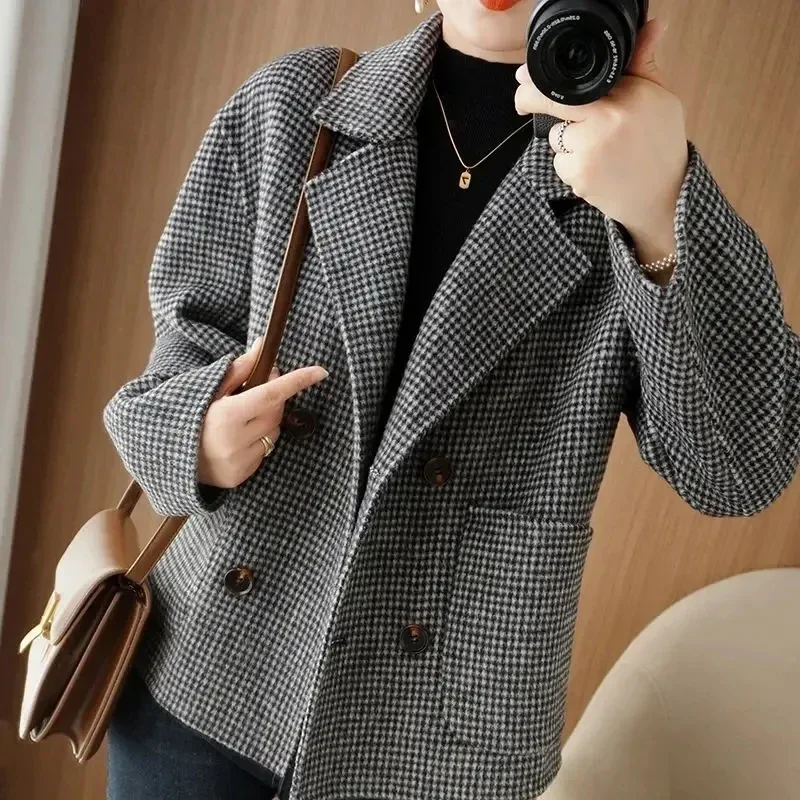Autumn Winter Women's Coat Houndstooth Plaid Woolen Jackets Female Fashion Tweed turndown collar Short Coats and Jackets Women
