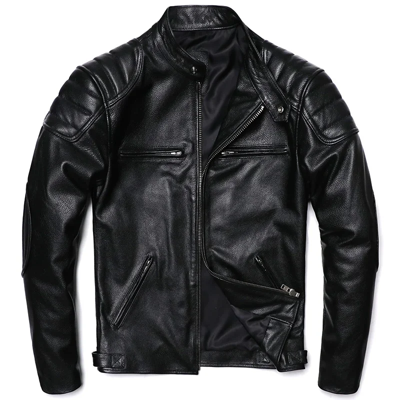 Veste en cuir véritable classique de moto pour hommes, peau de vache naturelle Slim Moto grill Vestes en peau de veau Asie Taille S-6XL