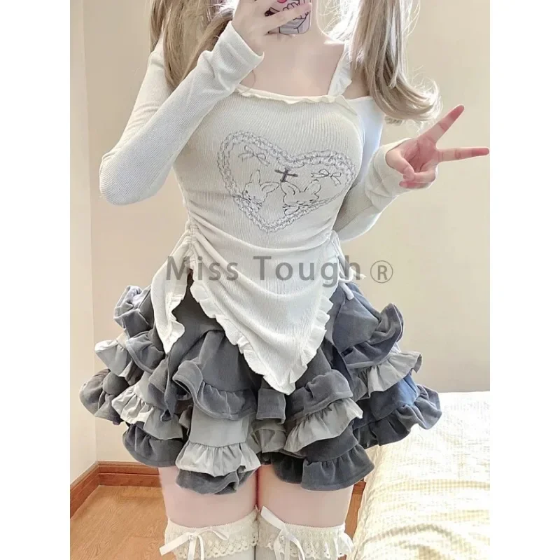 Japanese Kawaii 2 Piece Set for Women, Sweet Rabbit Print, Cute Skirt Suit, Female Slim Tops, Princess Cake Skirt, Autumn