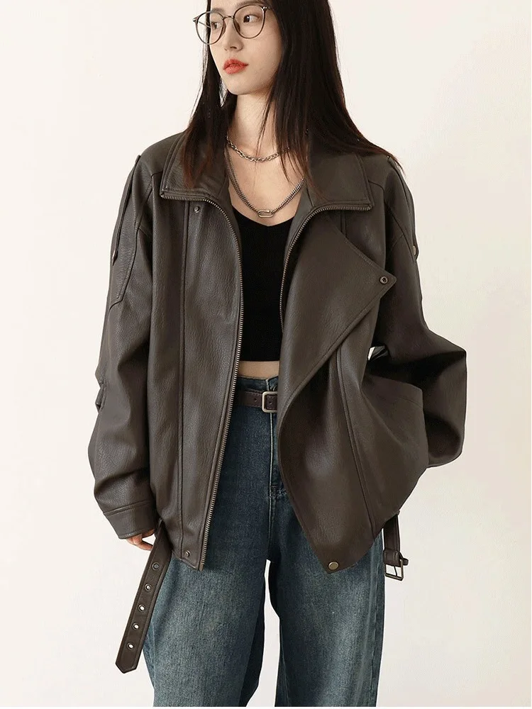 Womens Lapel Collar Biker Jacket Oversized Loose Faux Leather Coat Asymmetrical Zip Motorcycle Outerwear