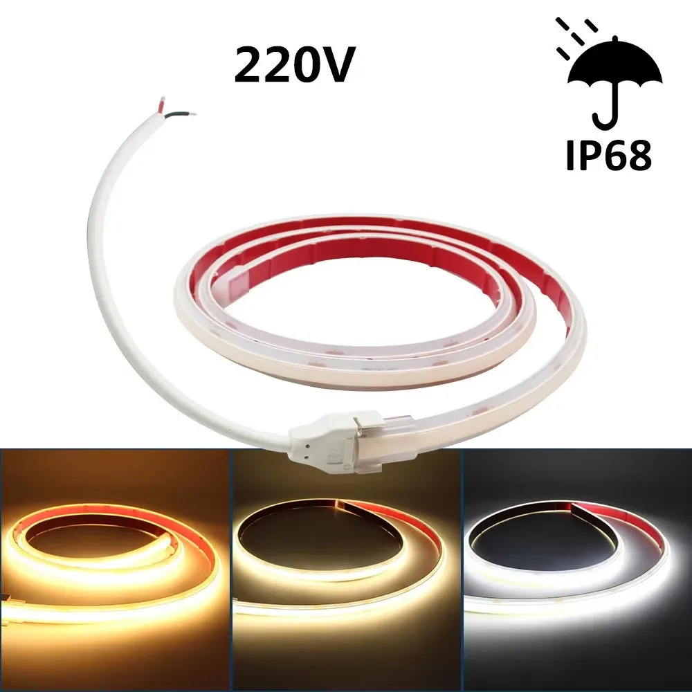 RA90 AC 220V IP68 Waterproof COB LED Strip Lights Flexible Tape Lamp with 2Pin Wires 3000K 4000K 6000K Flex Ribbon Outdoor Decor