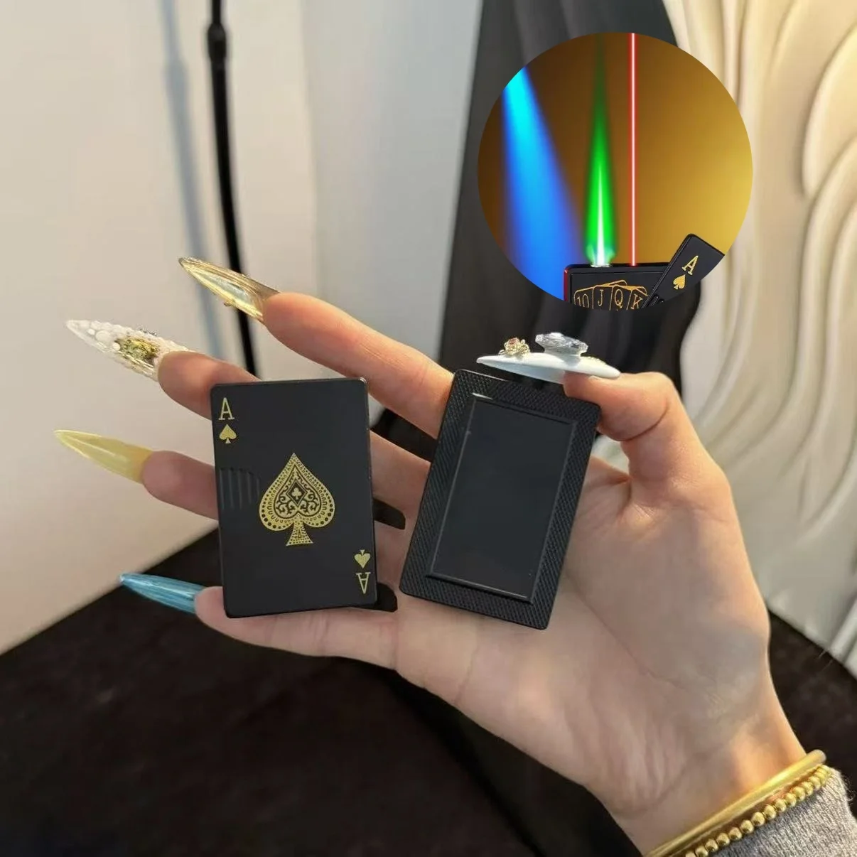 

New Windproof Poker Mahjong Laser Inflatable Lighter Direct Spray Green Flame Laser Infrared Butane Gas Personalized Lighter
