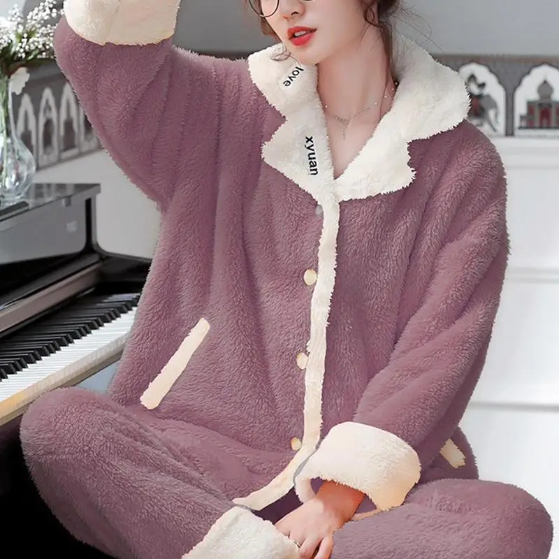 Conjunto de pijama de lana para mujer, ropa de dormir cálida de manga larga con botones, Invierno