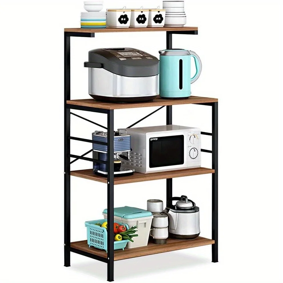 4-Tier Rustic Brown Metal Kitchen Bakers Rack - Multi-Functional Standing Spice Rack, Microwave Oven Stand