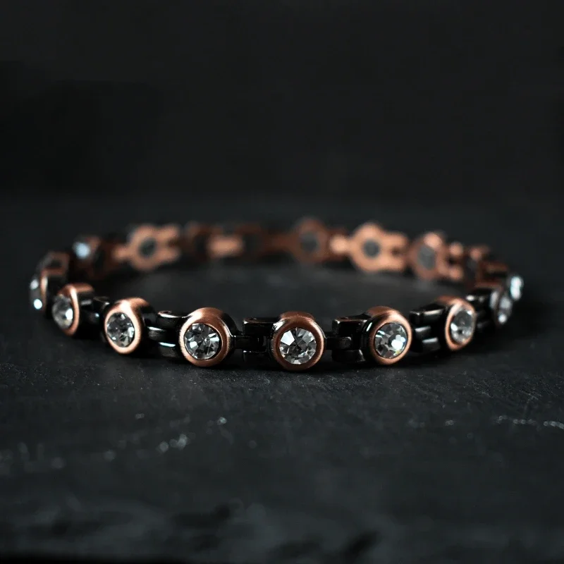 Vintage Copper Color Magnetic Cubic Zirconia Bracelets for Women Pain Relief Bio Energy Blood Pressure Accessory Jewelry