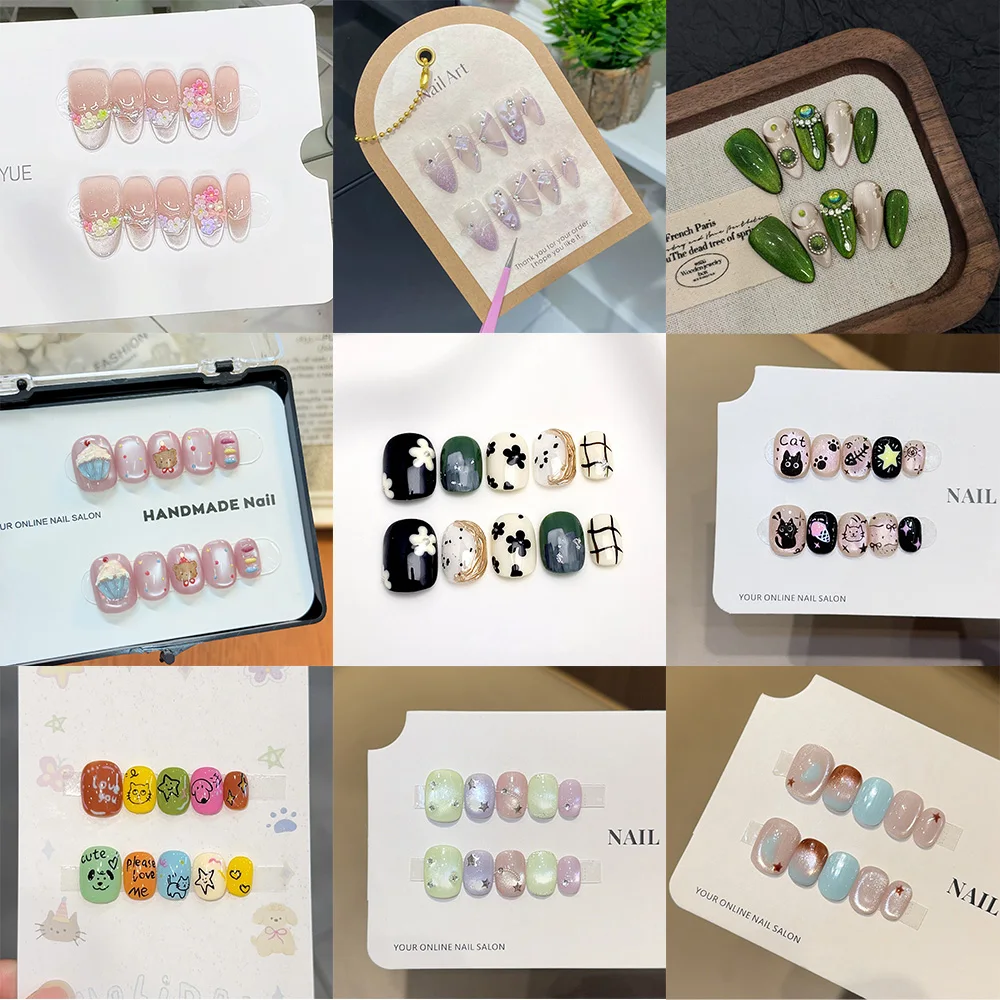 

10pcs Cute Cat Press on Nails Dopamine Aesthetic False Nails Emerald Glitter ​Medium Oval Full Cover Nails for Party Wedding