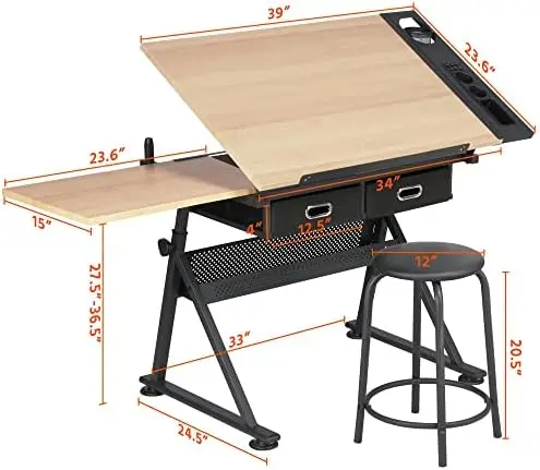 Drafting Table for Artists, Height Adjustable Drawing Desk Art/Craft Desk Diamond Paintings Work Station w/ 2 Storage view 3