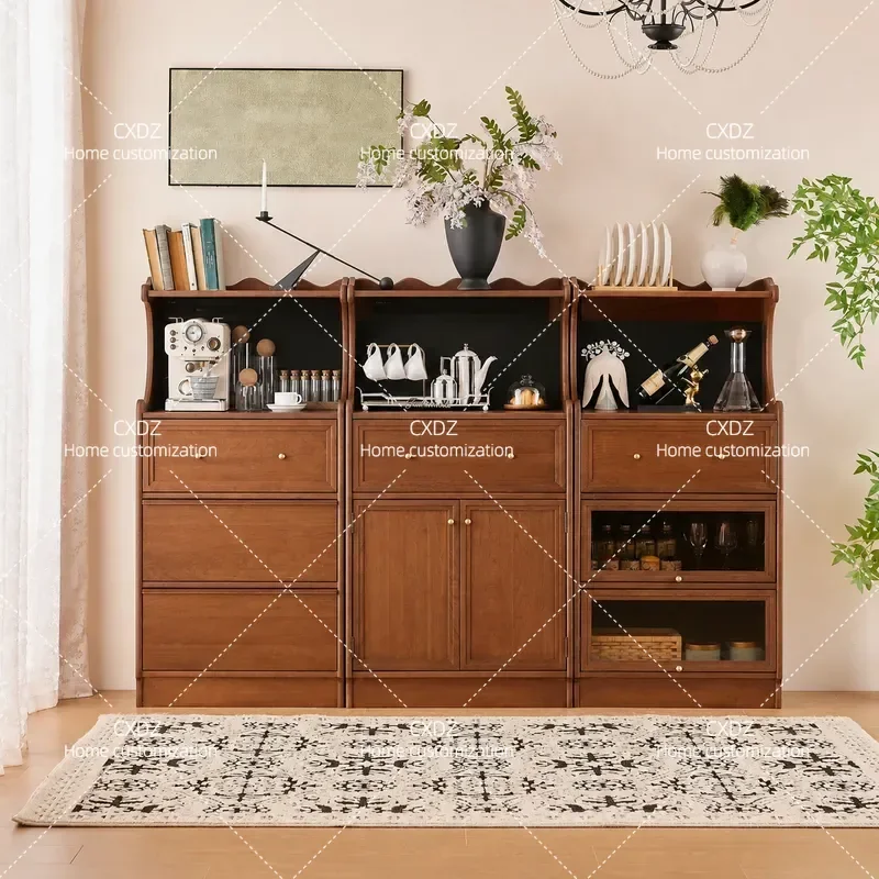 Retro Solid Wood Dining Side Cabinet Living Room Wall Mounted Storage Unit Household Tea Coffee Cabinet Integrated Locker
