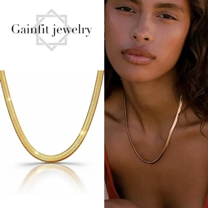 24K gold-plated flat snake chain necklace, 925 silver material, classic snake chain necklace, 4mm wide, fashionable and versatile, never fades, suitable for both men and women, Christmas holiday anniversary gift